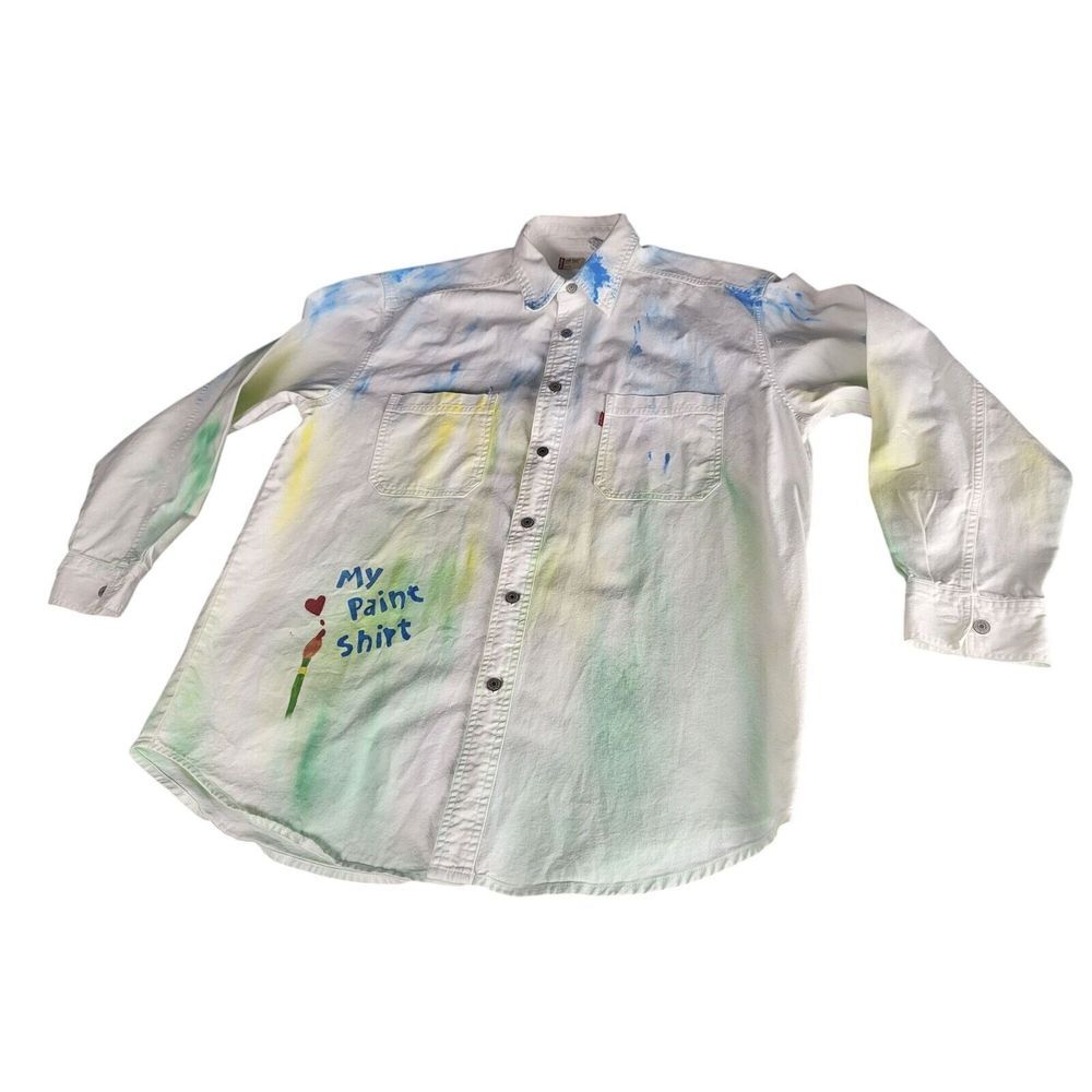 Levis‎ Red Tab Cotton Paint Shirt  Women Sz M Artistic Design Green Blue Boho